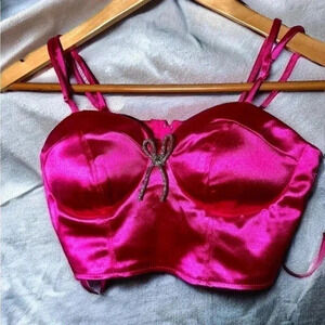 NWOT  CRYSTAL SKYS HOT PINK SATIN BUSTIER/CROP TOP WITH RHINESTONE BOW DETAILS S